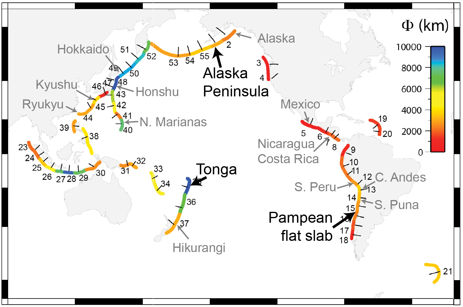 A map of circum-Pacific subduction zones color-coded by thermal parameter 